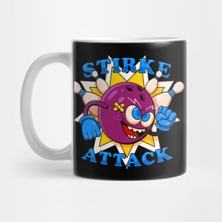 Strike attack, illustration of bowling ball mascot attacking skittles Mug